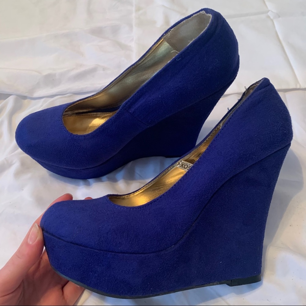 Blue suede wedges, size 10